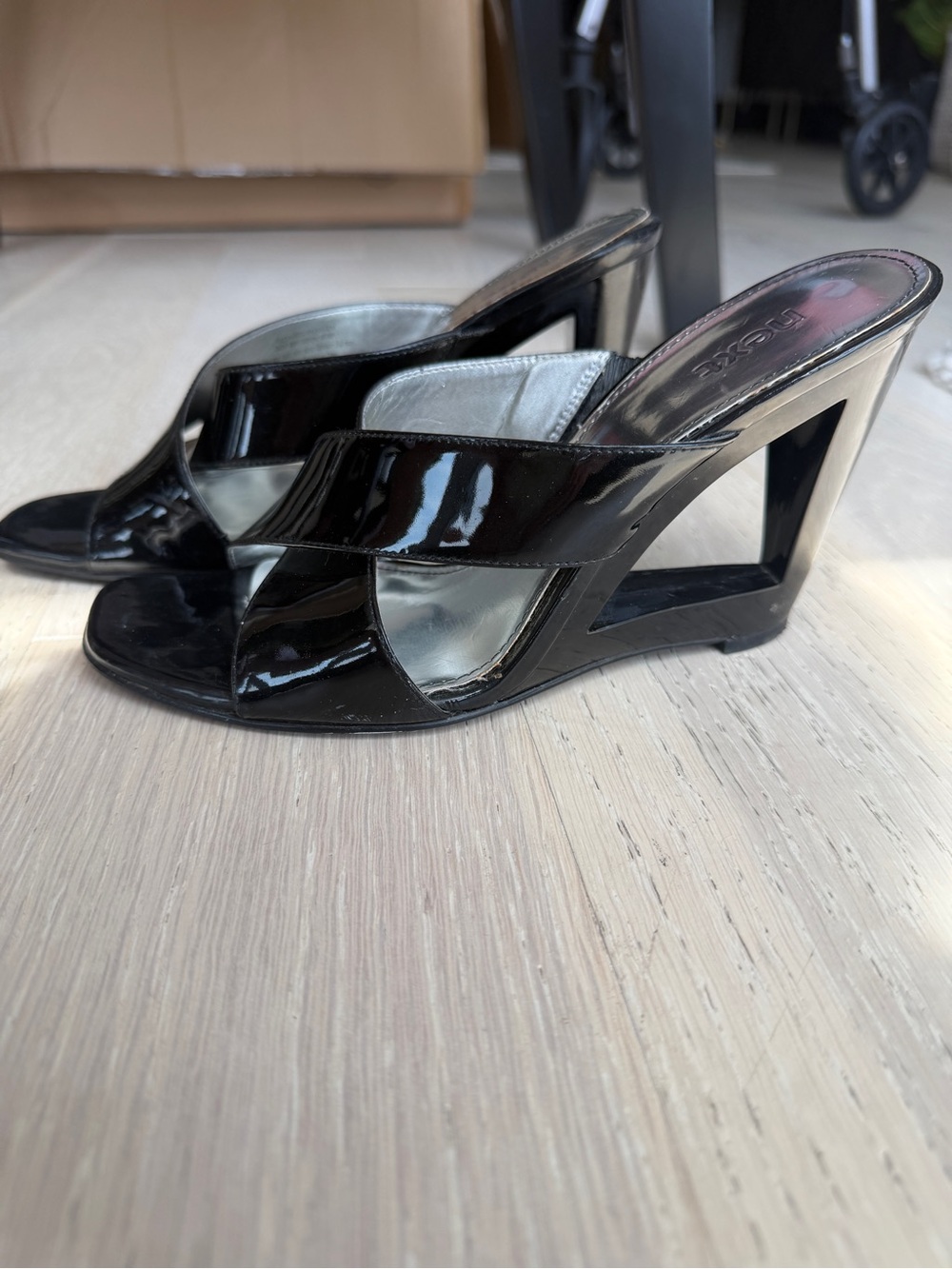 next Black Patent Open-Toe Wedge Mules